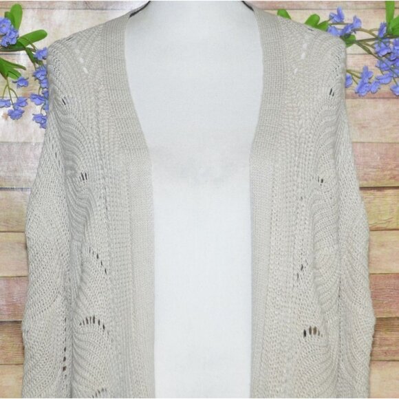 Pink Rose Oatmeal Tan Crochet Open Front Cardigan Sweater Size M Pockets Office - Picture 2 of 12